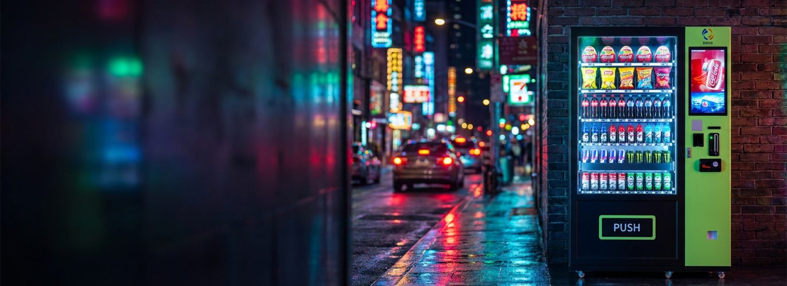 Illuminated smart vending machine with touch screen on a vibrant city street at night, neon bokeh background, wide commercial banner for automated retail.