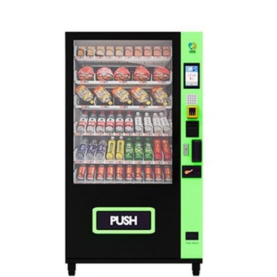 Automatic vending machine for snacks and beverages with lime green side panel, suitable for schools, offices, and hospitals.