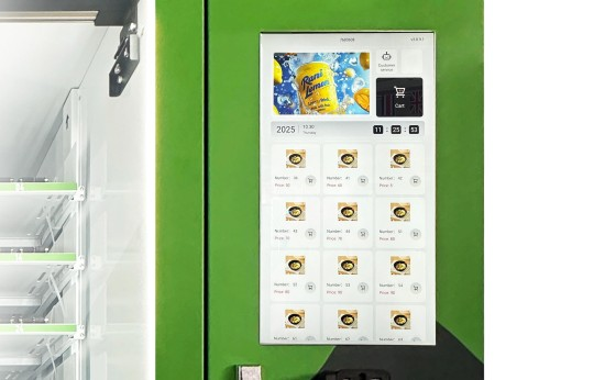 Front view of commercial hot food vending machine highlighting large 21.5-inch digital touchscreen display