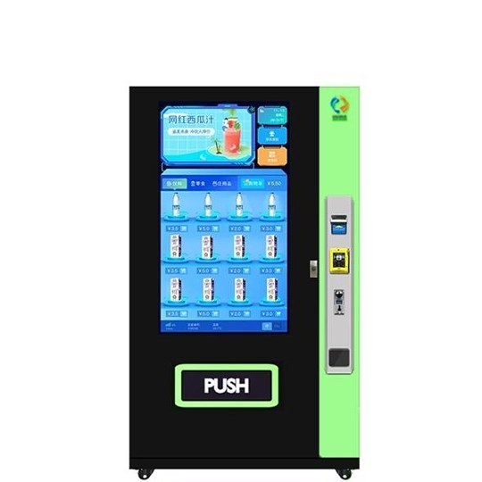 Intelligent smart vending machine with a large interactive touch screen and digital payment system, sleek black and lime green design.