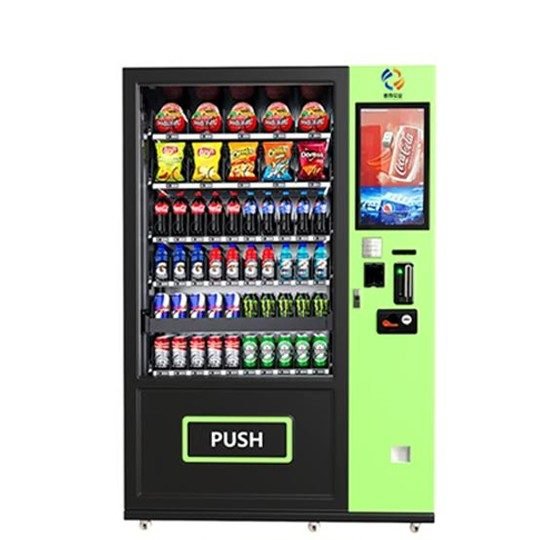 Smart retail vending machine equipped with a high-definition advertising screen and touch interface for snacks and drinks.