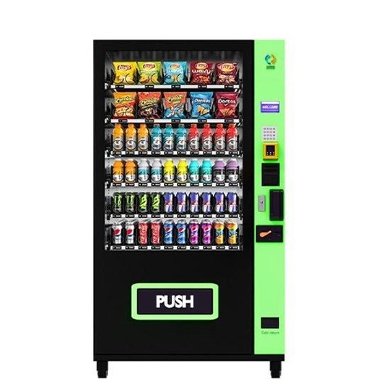 A professional snack and drink vending machine featuring a transparent glass door and organized rows of chips, soda, and energy drinks