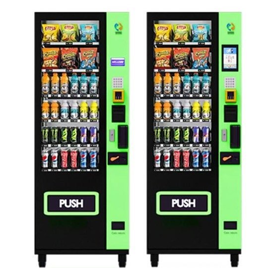 A pair of independent smart vending machines for snacks and drinks, showing two different models with black and lime green finish, ideal for customized retail solutions.