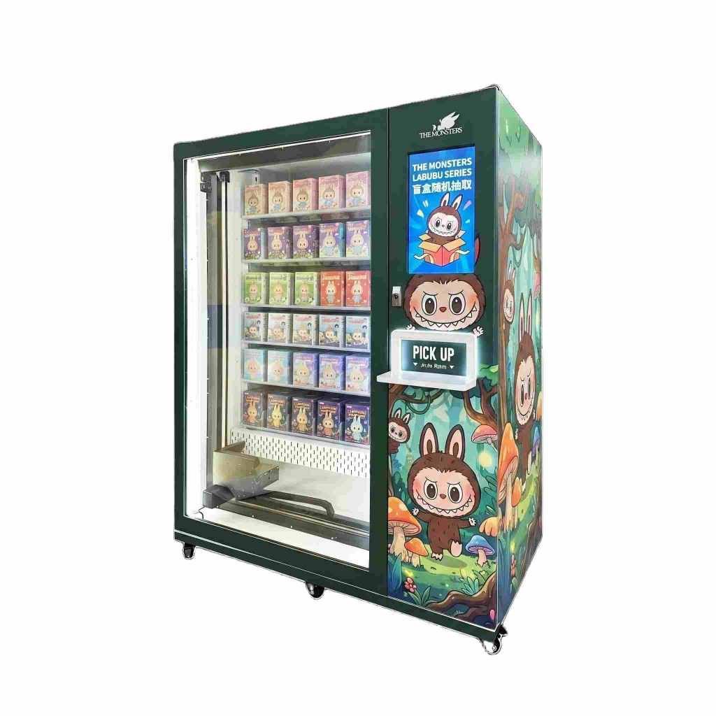 blind box vending machine stocked with pop mart labubu collectible toys in elevator channels