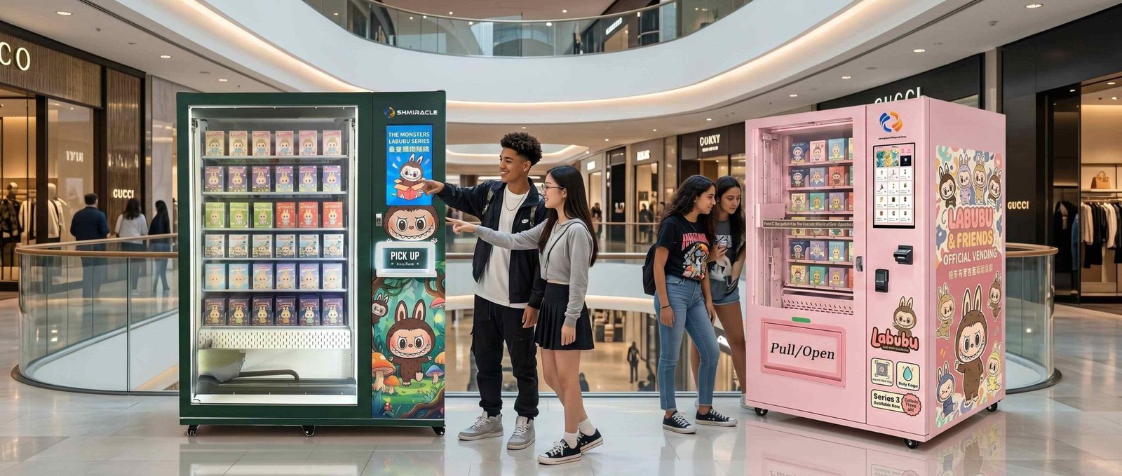 Commercial elevator vending machine front exterior view with clean tempered glass and bright interior