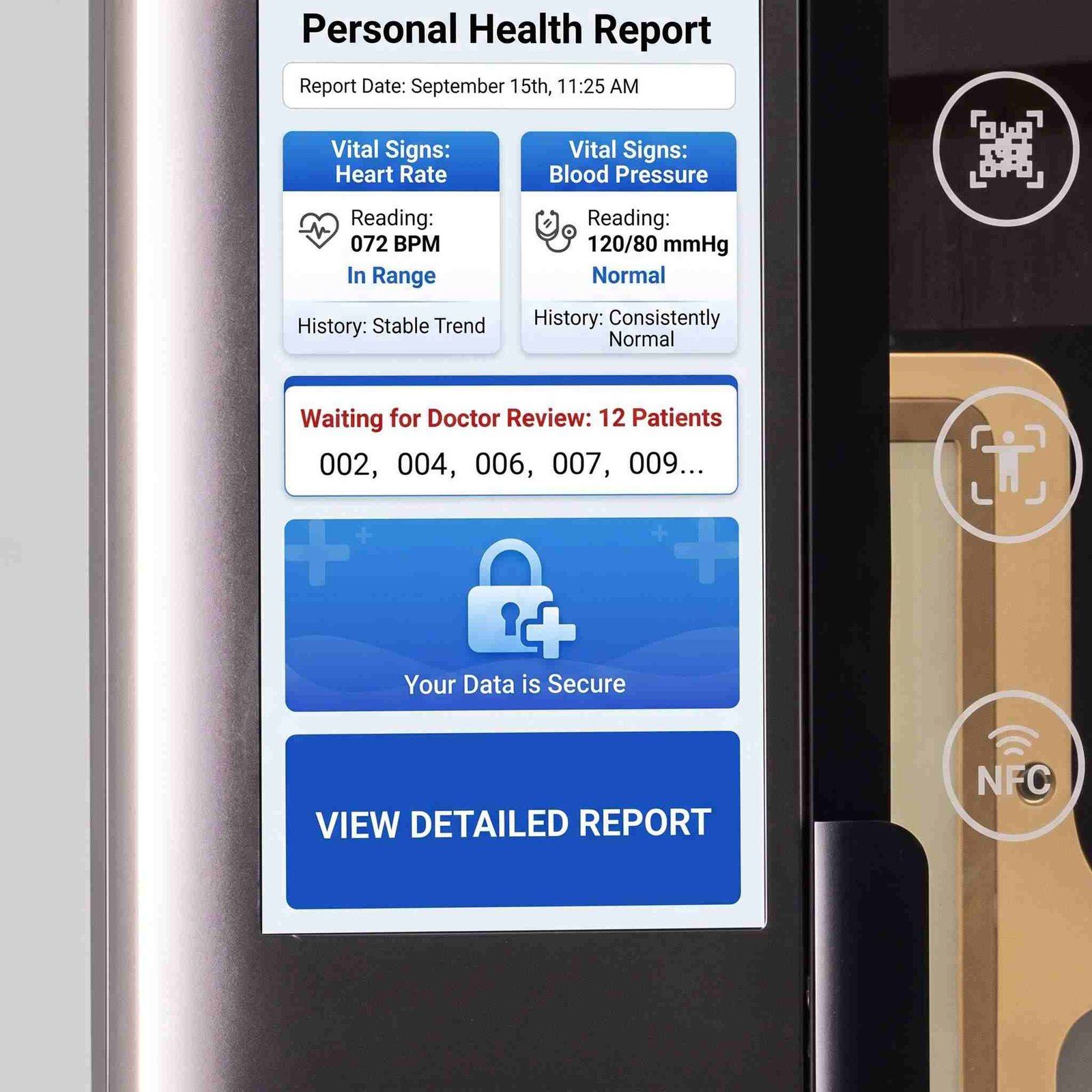 health check kiosk data screen health report display QR code secure output