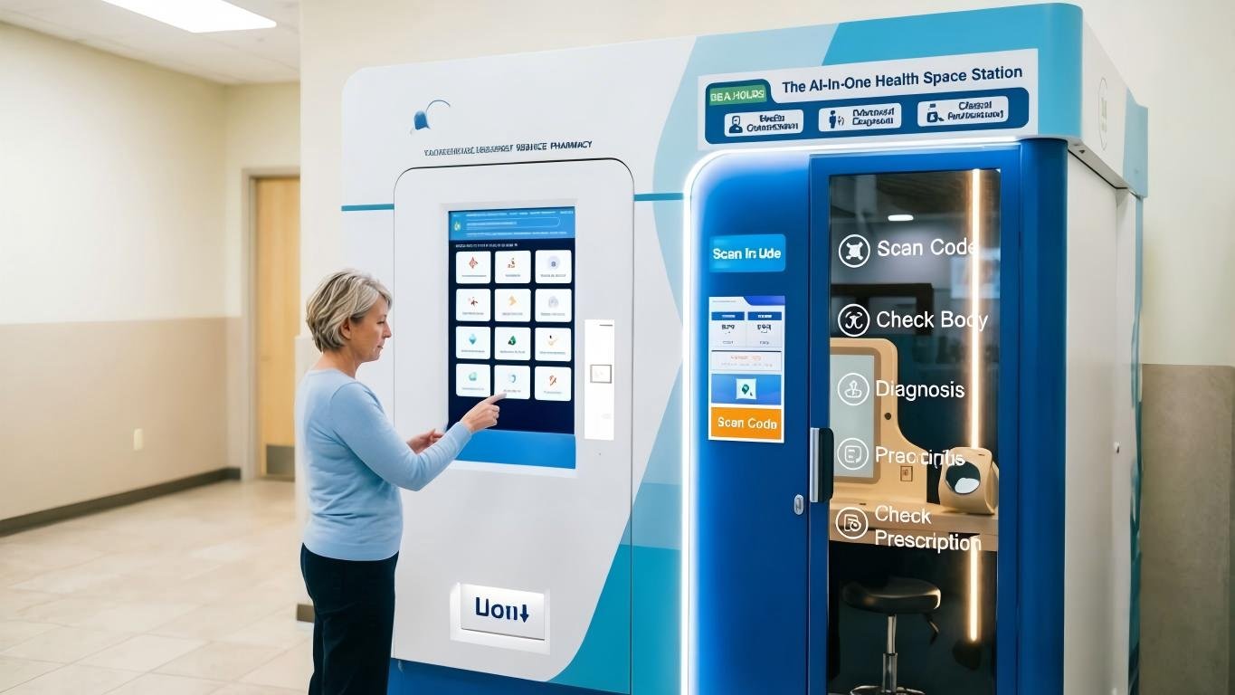 self-service health check kiosk installed in pharmacy community clinic hospital waiting area
