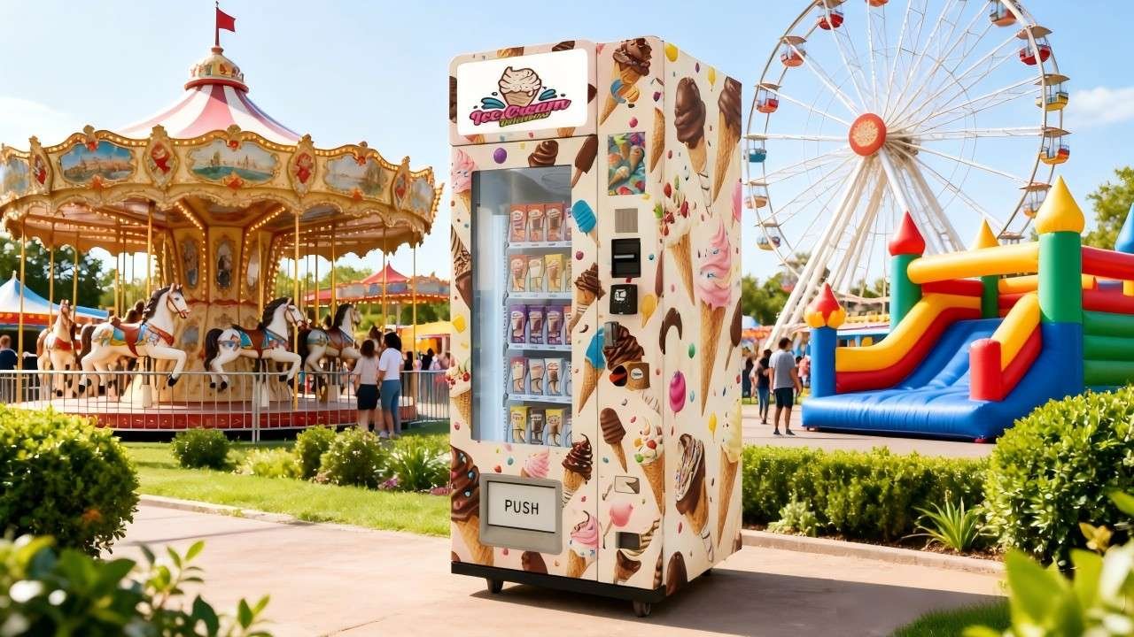 ice cream vending machine deployed in shopping mall amusement park beach resort school