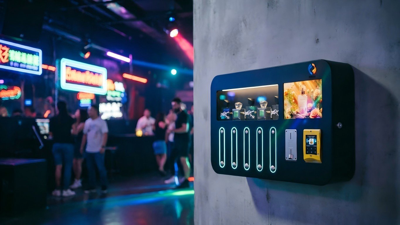 Atmospheric nightlife bar lounge corridor suitable for wall-mounted cologne vending
