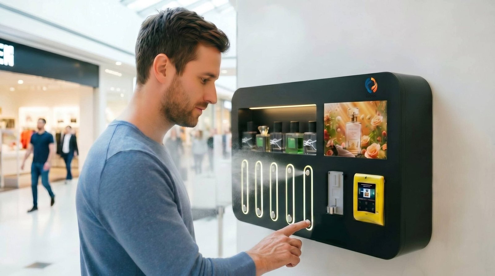 Front view of commercial perfume vending machine highlighting metallic finish and touchscreen display