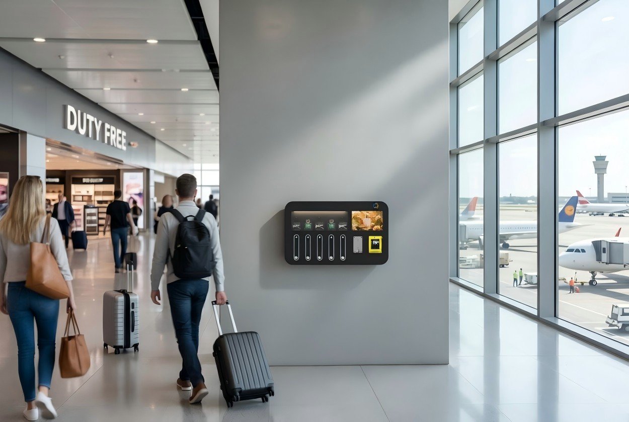 perfume vending machine deployed in airport duty-free hotel lobby shopping mall scene