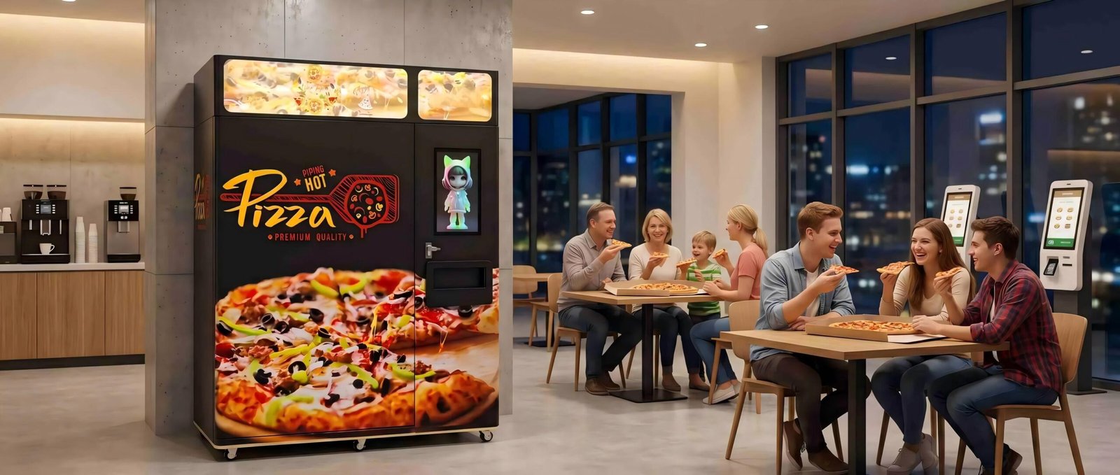 Panoramic factory view of commercial pizza vending machine chassis showing internal storage height