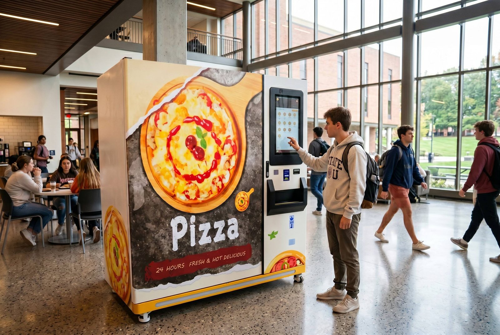 pizza vending machine AZ-P01 installed in commercial location university campus deployment