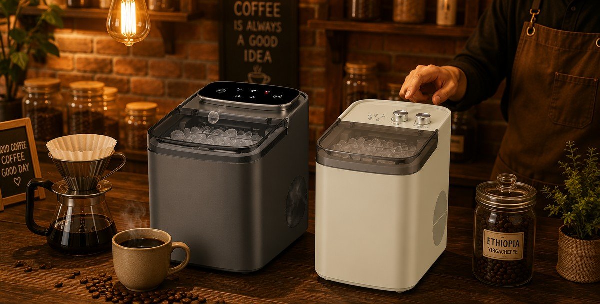 SHMIRACLE AZ-ICM13 countertop bullet ice maker on café counter — portable ice maker lifestyle