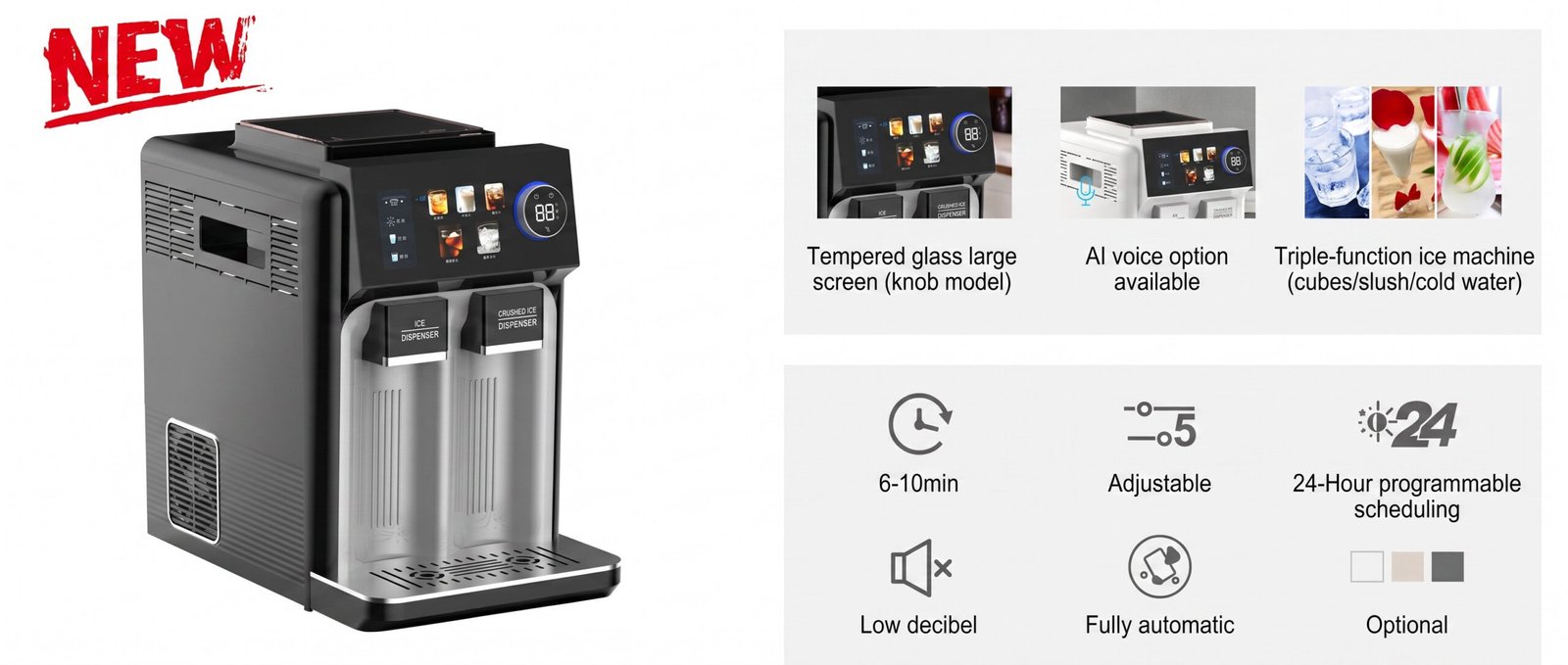 AZ-ICM20 commercial 3-in-1 ice maker — large screen knob model