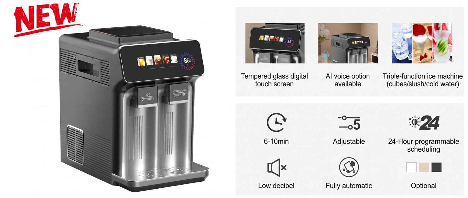 AZ-ICM21 commercial 3-in-1 ice maker — digital touch screen model