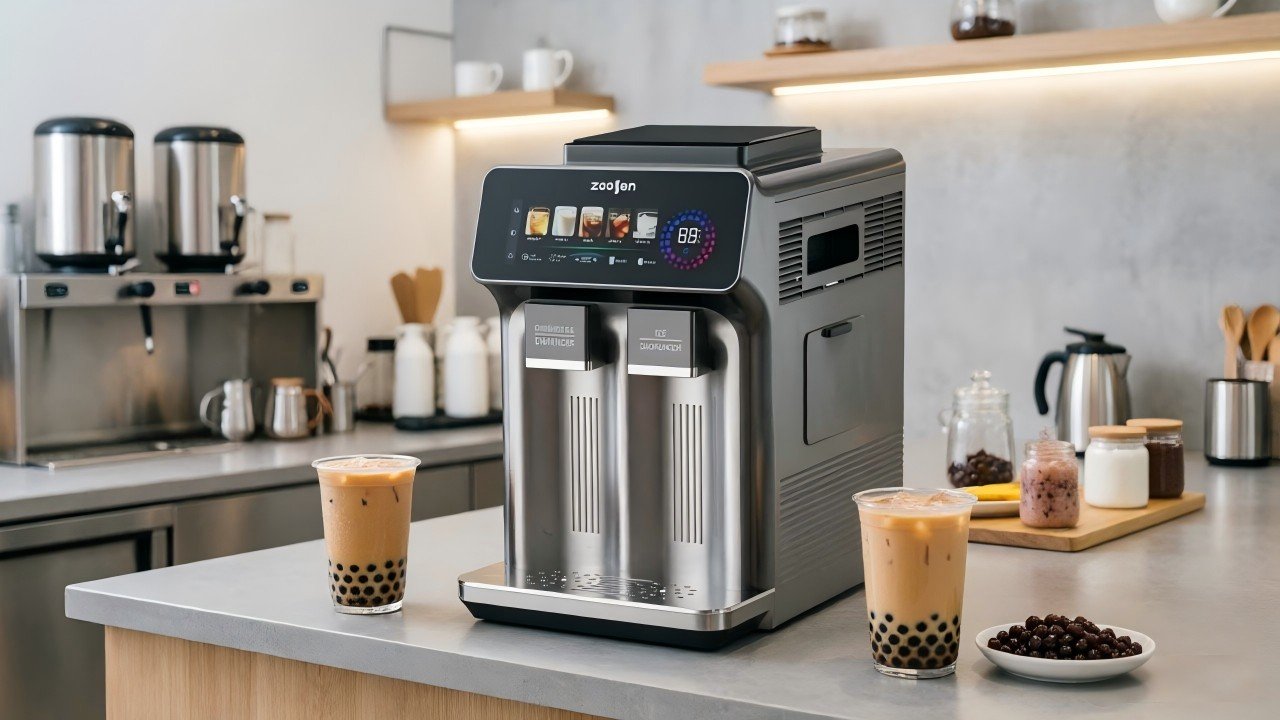 Commercial 3-in-1 ice maker in bubble tea shop — AZ-ICM20 countertop application
