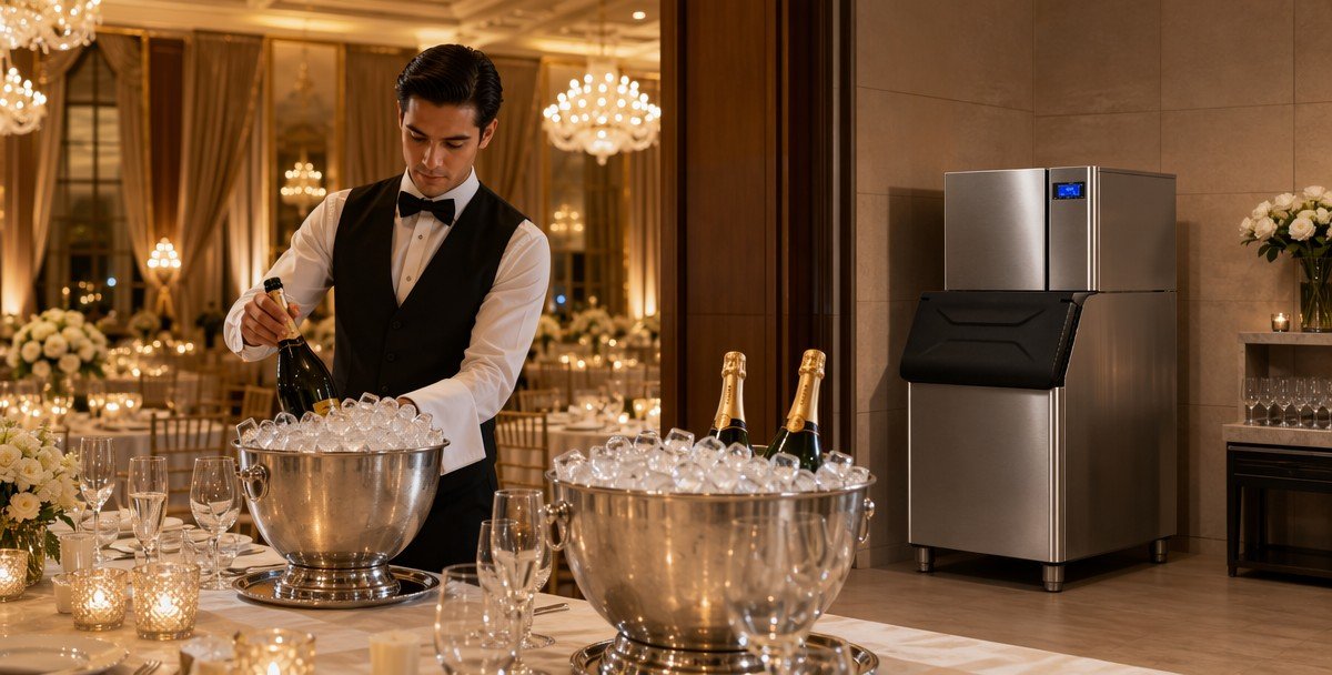 Commercial cube ice machine application — hotel banquet ice bucket beverage service