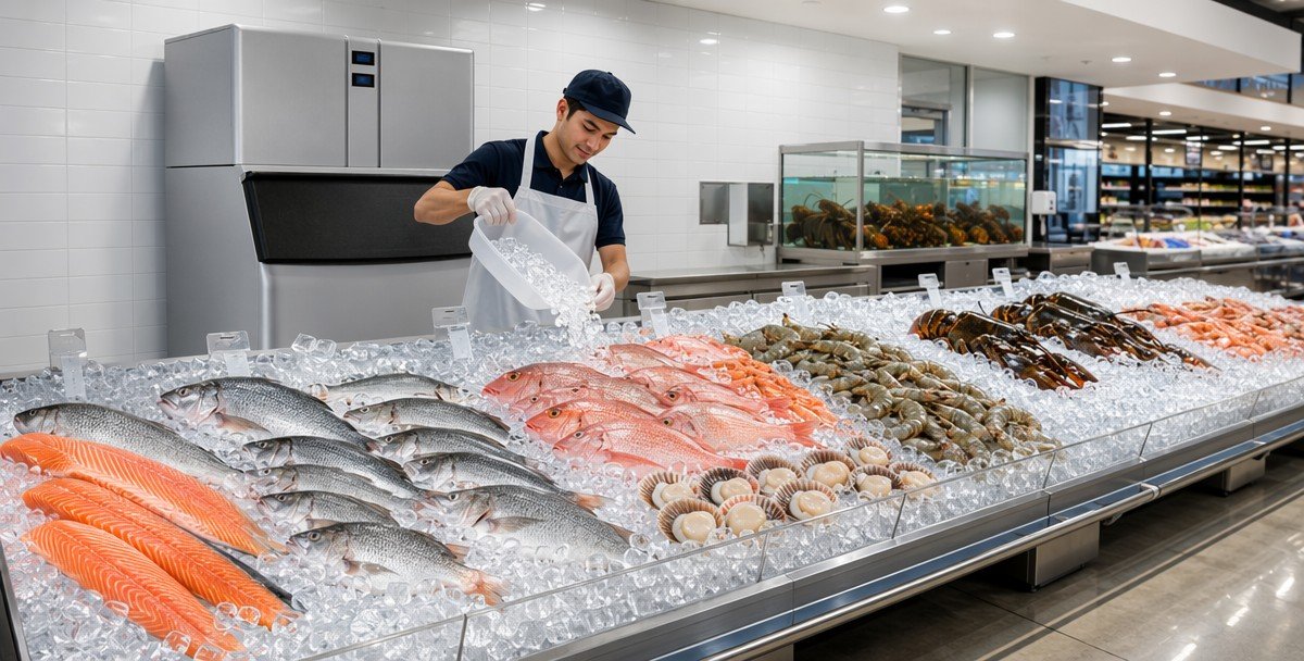 Commercial cube ice machine application — supermarket seafood display fresh fish preservation