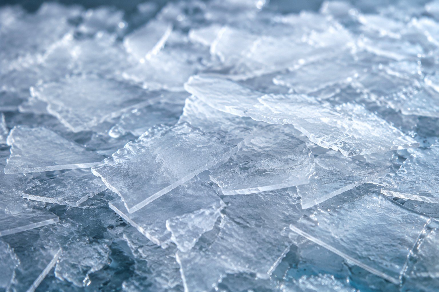 Flake ice closeup texture — thin flat uniform flake ice chips commercial flake ice machine output