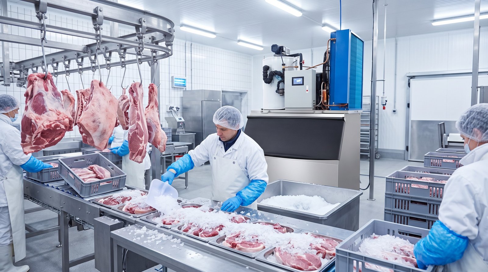 Flake ice food processing application — meat preservation cooling production line factory