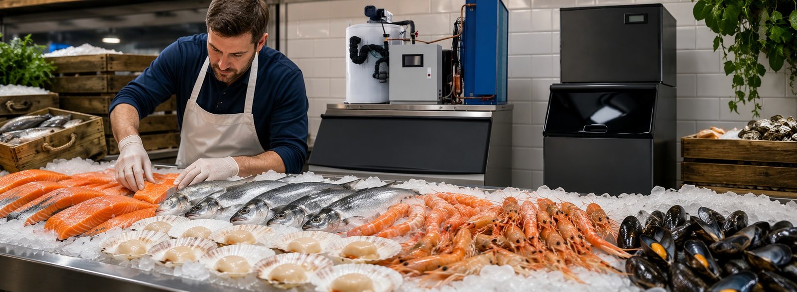 Commercial flake ice machine — SHMIRACLE AZ-FIM seafood market fresh fish preservation flake ice