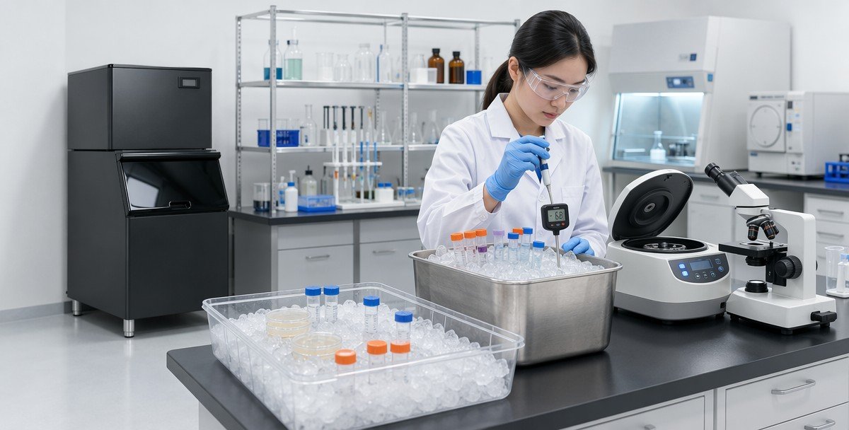 Flake ice medical laboratory application — specimen transport ice bath cold chain lab cooling