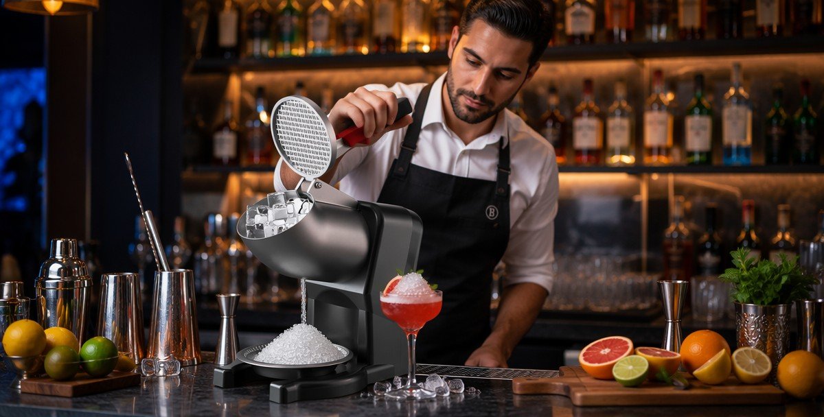Bartender using SHMIRACLE commercial ice crusher machine making cocktails — bar application