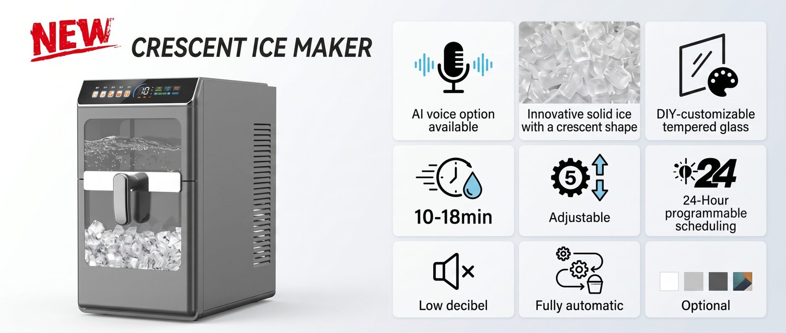 AZ-ICM18 crescent ice maker — stainless steel tempered glass display
