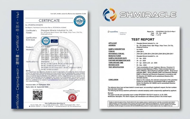 SHMIRACLE CE RoHS ETL OEM certifications — ice machine manufacturer compliance