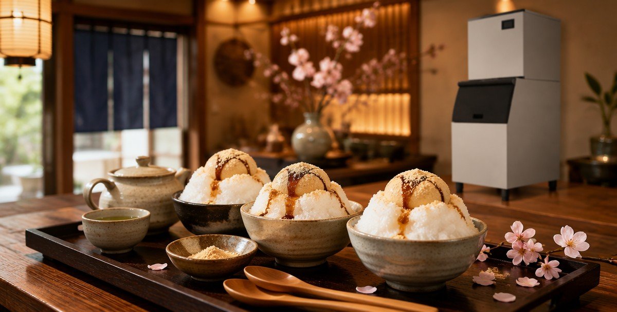 Mochi ice dessert application — powder snow ice machine output used in Japanese mochi dessert shop