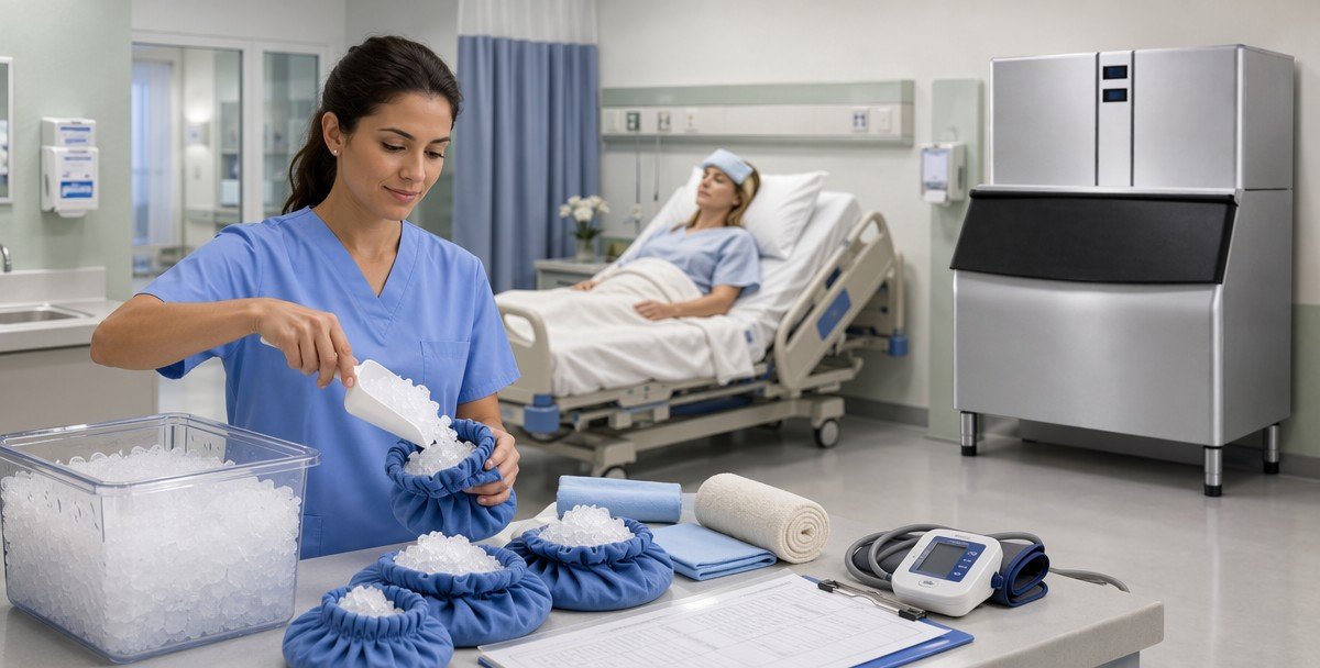 Nugget ice medical application — hospital patient care ice bag cooling healthcare pellet ice machine