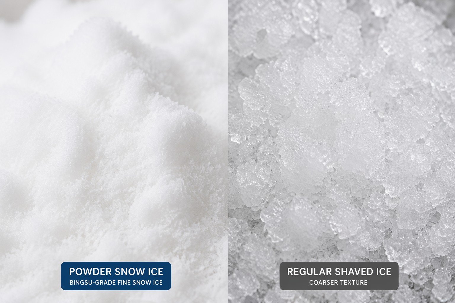 Powder snow ice texture closeup — ultra-fine dry fluffy ice for bingsu mochi Korean desserts