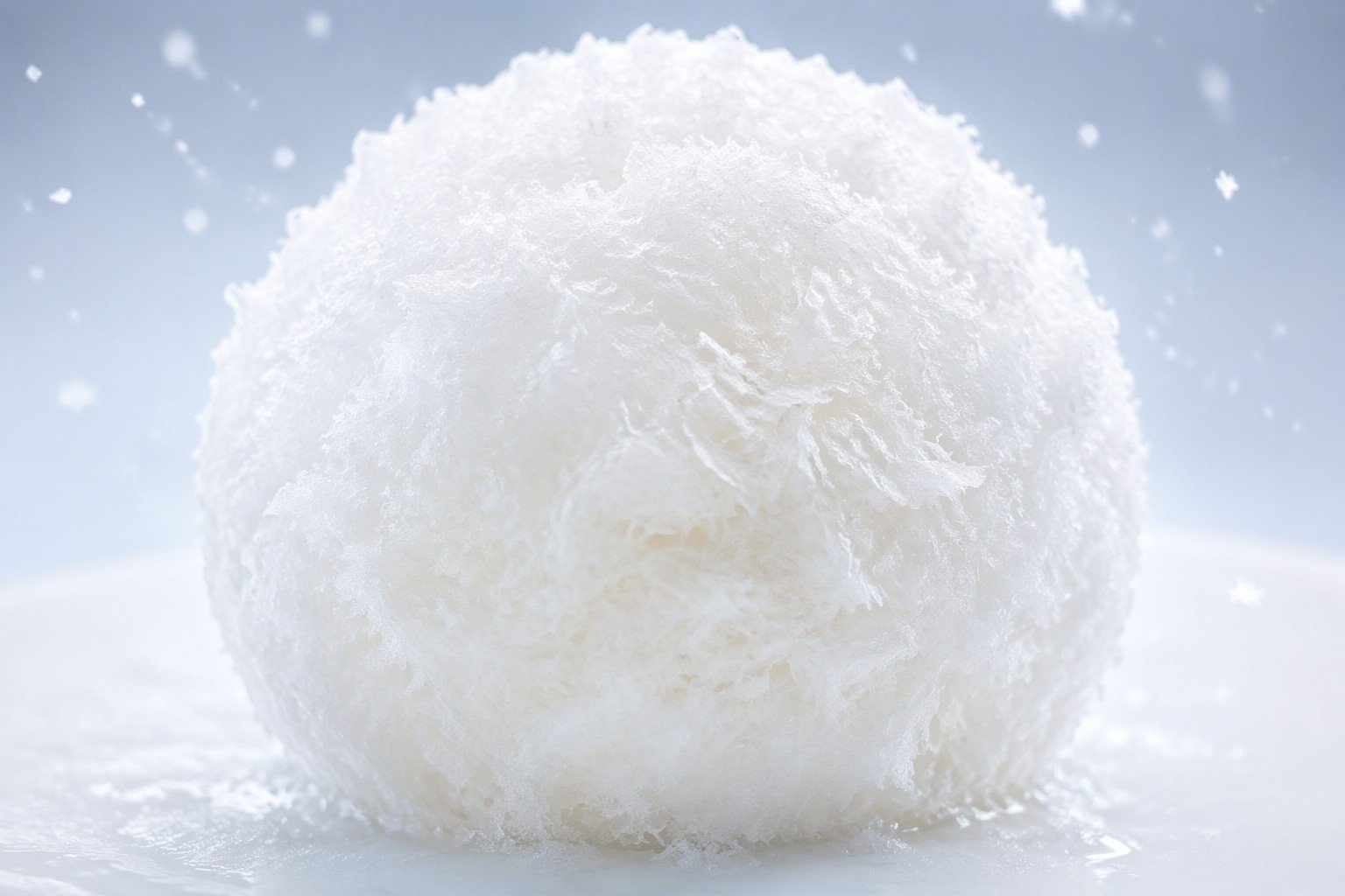 Shaved snow floss ice output — ultra-fine ribbon texture for bingsu and baobing
