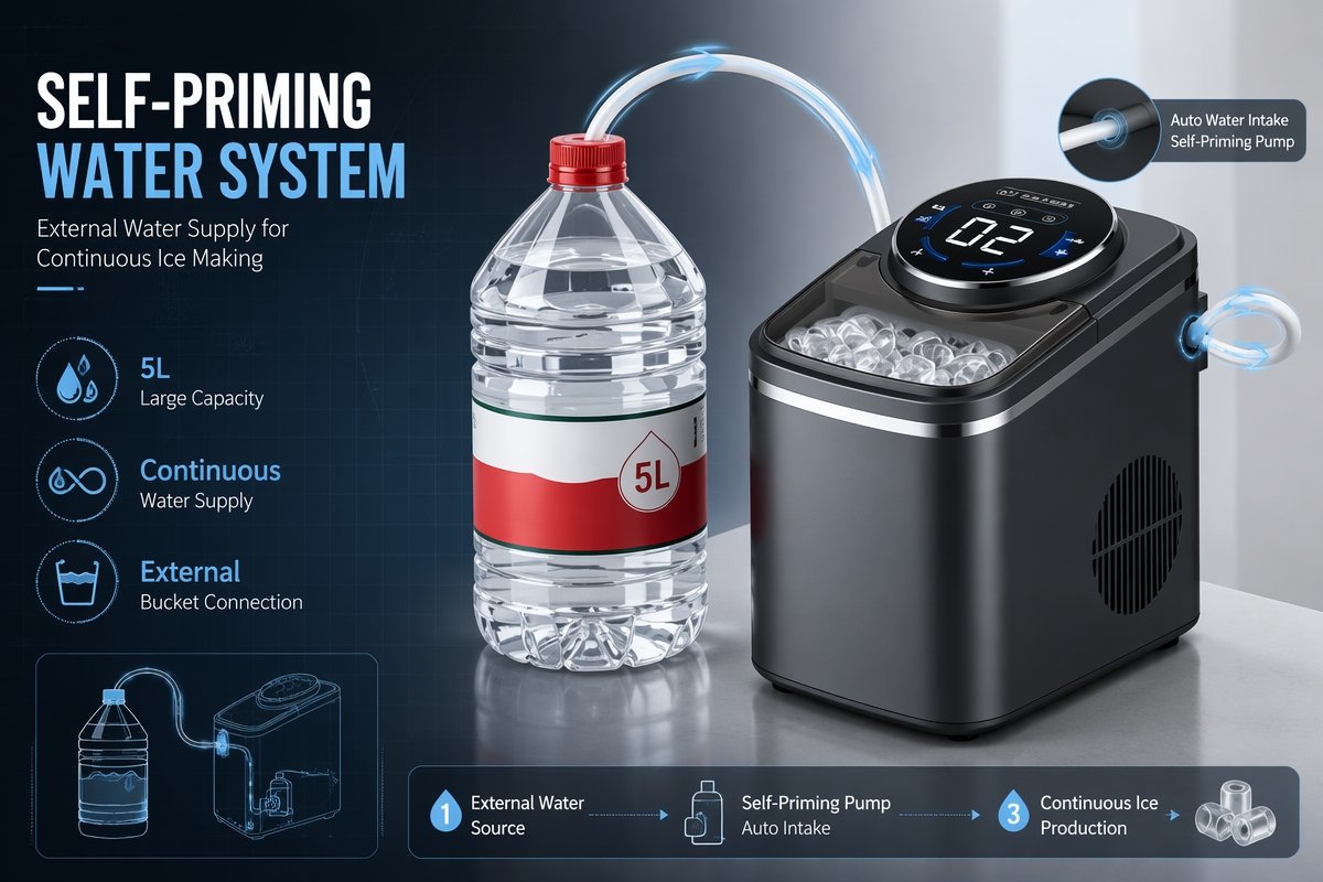 AZ-ICM15 self-priming water system — external 5L barrel auto water intake for continuous ice making
