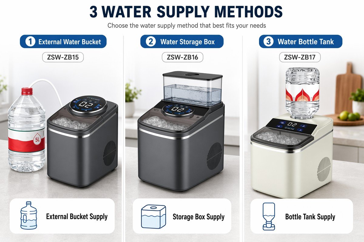 Water supply comparison — AZ-ICM15 auto-suction barrel, AZ-ICM16 external storage box, AZ-ICM17 small barrel tank